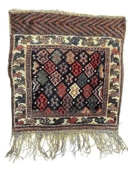 Antique Persian Kurdish Jaffe Bagface: Antique Persian Kurdish Jaffe Bagface handwoven wool on wool measuring 23 inches wide by 23 inches long.