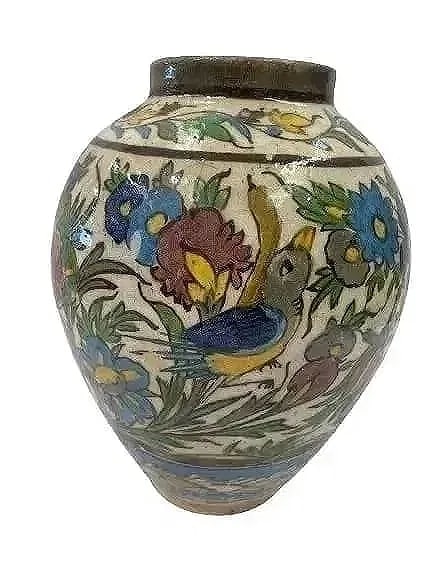 Antique rare Persian Kashan glazed Pottery vase: Antique rare Persian Kashan glazed polychrome pottery vase. measuring 12 inches tall. A hand painted and glazed Persian Pottery Vessel. Please read the condition report below & examine all posted imag