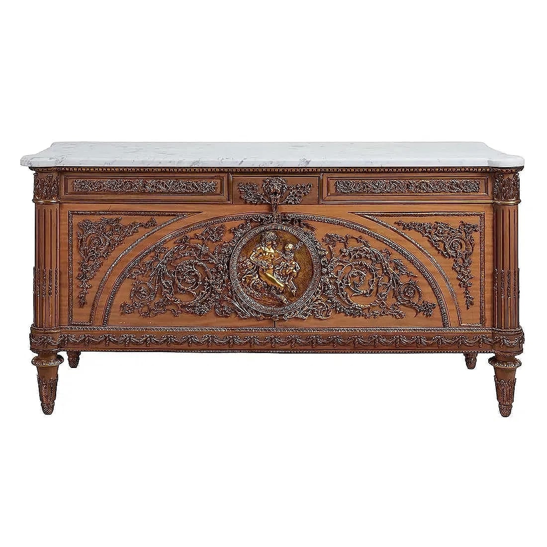 A Louis XVI style gilt bronze mounted mahogany marble top commode A Vantaux: A French Louis XVI style gilt bronze mounted fine mahogany commode a Vantaux after the original model by Joseph Stockel and Guillaume Benneman. Diemensions of Height: 36 1/2 inches X Width: 71 inches