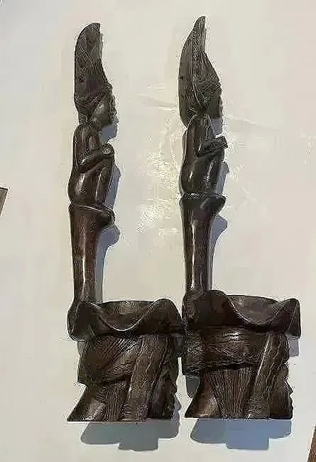 Pair of African Wood hand carved decorative statues - 13
