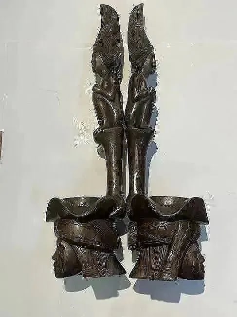 Pair of African Wood hand carved decorative statues - 6