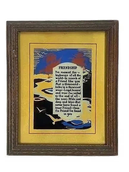 Friendship Reversed Glass art work: Friendship Reversed Glass art work measuring 9 1/2 inches wide by 11 1/2 inches long.