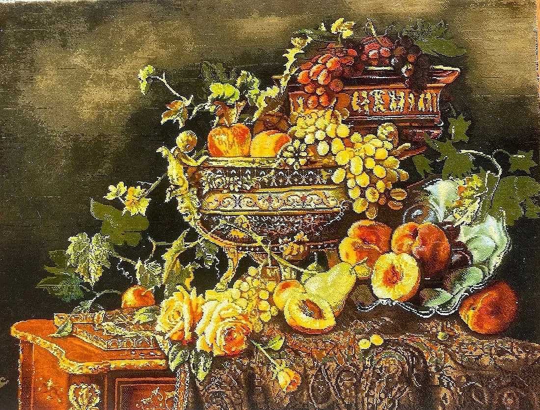 A Persian Tabriz Silk & Wool Pictorial Still life hand woven rug: A Persian Tabriz Silk & Wool Pictorial still life of a fruit bowl hand woven rug. Signed lower left: AZIMA. Measuring 2 ft 1 inch by 2 feet 9 inches long. A silk foundation silk highlights on wool pil