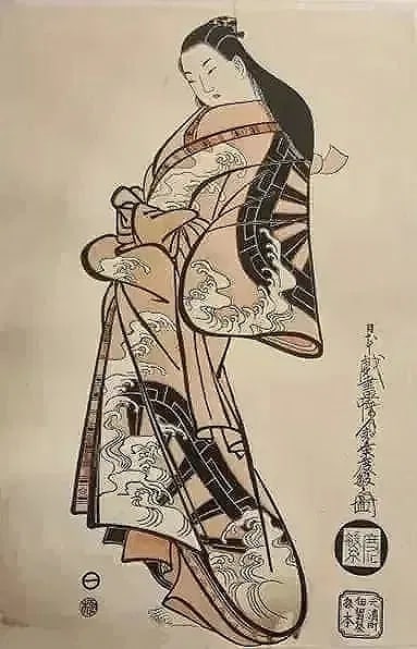 Kaigetsudo Dohan Japanese woodblock print: Kaigetsudo Dohan (1710â€“16) Japanese woodblock print. Full sheet size measures 10 1/4 inches wide by 15 1/4 inches long. hinged to a larger board measuring 14 by 19 1/2 inches.Title: Nami ni