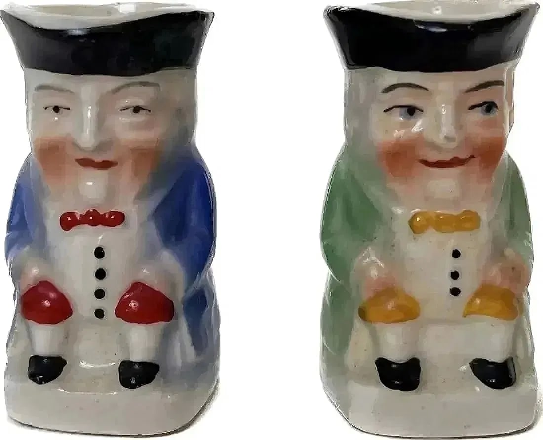 Pair of Czech TOBY Saucer jugs: Pair of Czech TOBY Saucer jugs. Stamped from Czechoslovakia . Porcelain material.Size 2.25 inches tall x 1.75 inches Wide.