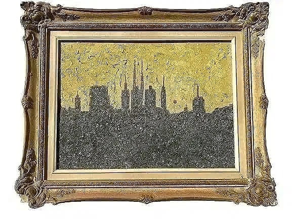 Larry Davis Oil on board impressionist painting: Larry Davis Oil on board impressionist painting of a city sky line. A unique thick impasto brush stroked mid century oil painting on board. The board measures 12 inches wide by 16 inches long. The fra