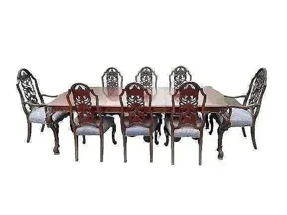 Antique dinning room set of 8 mahogany chairs & a table: Antique dinning room set comprised of 8 mahogany chairs & a large dinning table. The dinning table includes two center leafs and it measures a total of 96 inches long , 42 inches 1/2 wide and 29 inch