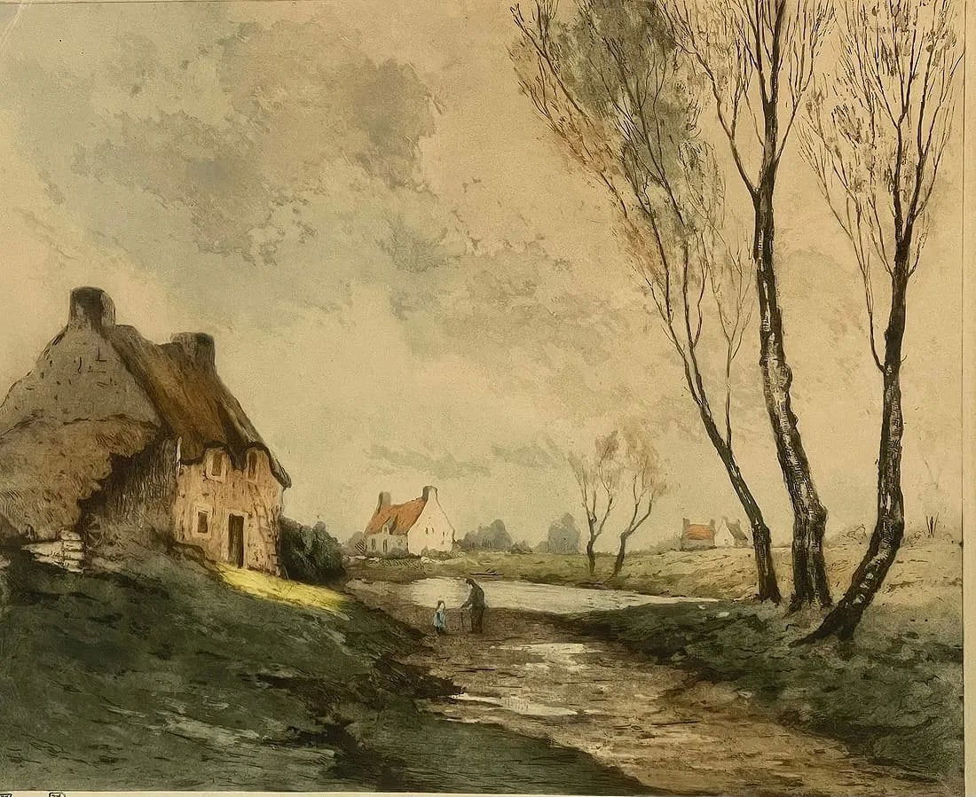 Lucien Dasselborne aka Francois Davril, colored Etching titled The Cottage (1 of 13)