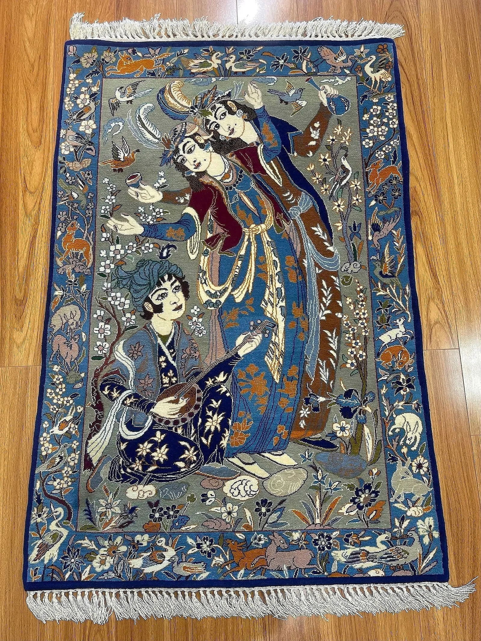 A Persian Isfahan Silk & Wool Pictorial hand woven rug - 11