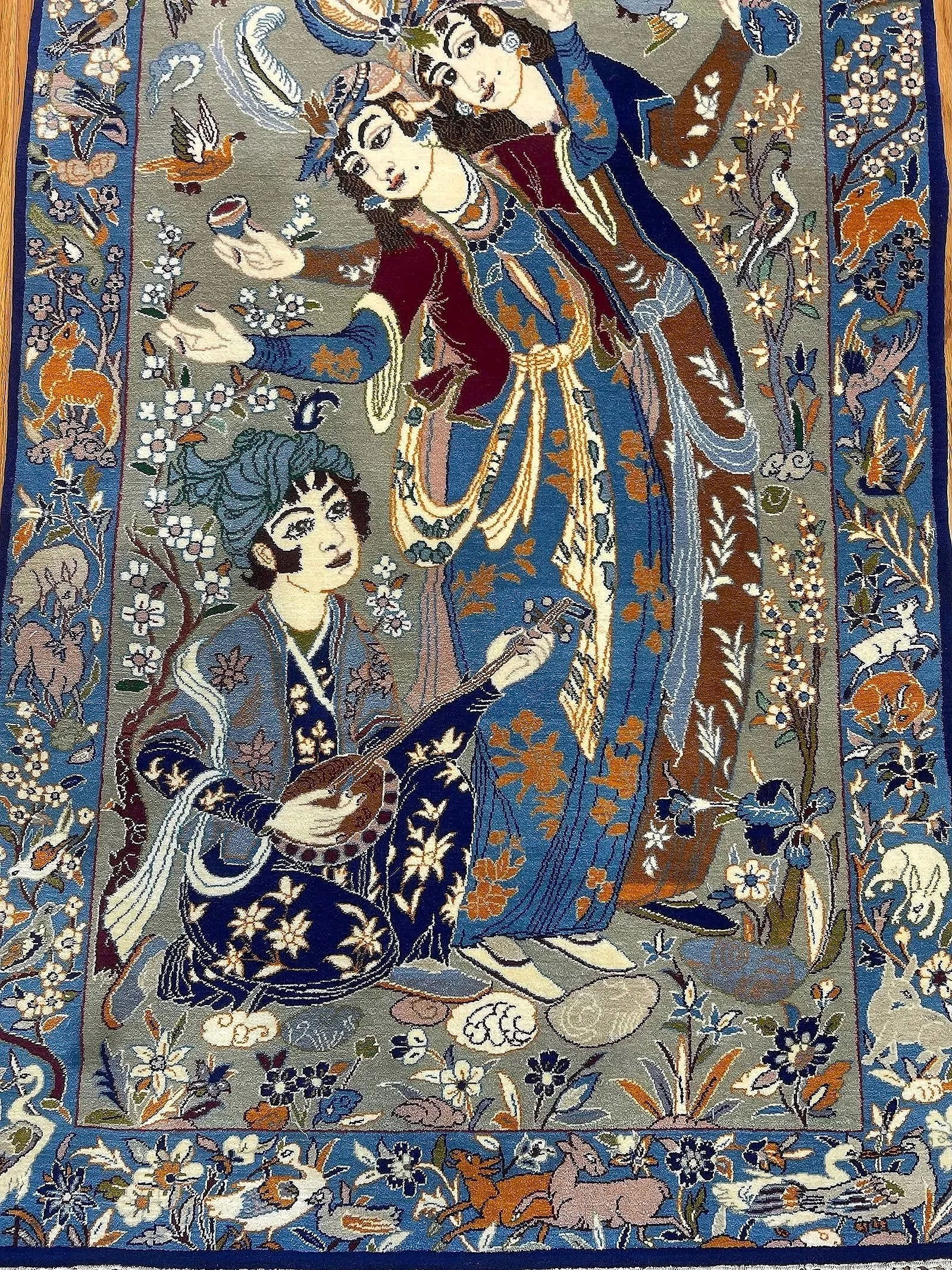 A Persian Isfahan Silk & Wool Pictorial hand woven rug - 5