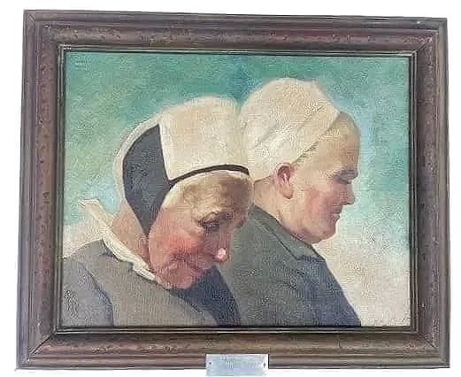 James Lunnon (1897-1954) Oil on Canvas painting titled: THE GOSSIP: JAMES LUNNON (1897-1954) English American Artist , Oil on Canvas titled The Gossip. A profile subject of two French Brittany woman with their traditional head dresses. Signed upper left: James Lunnon.