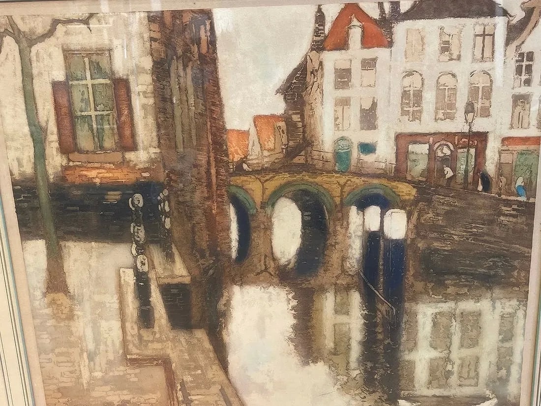 Julien Van Santen (1893-1936) Colored etching titled Malines Belgium (1 of 12)