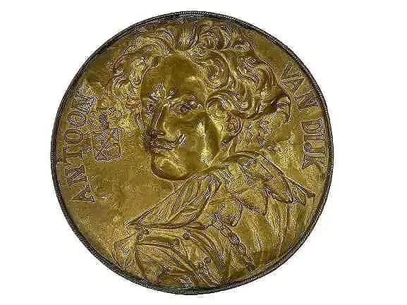 A large antique Anthony Van Dyke brass wall hanging relief: A large antique Anthony Van Dyke brass wall hanging relief. A unique antique gilded brass charger measuring 24 inches in diameter.embossed wall hanging decorative wall hanging plaque.Sir Anthony van