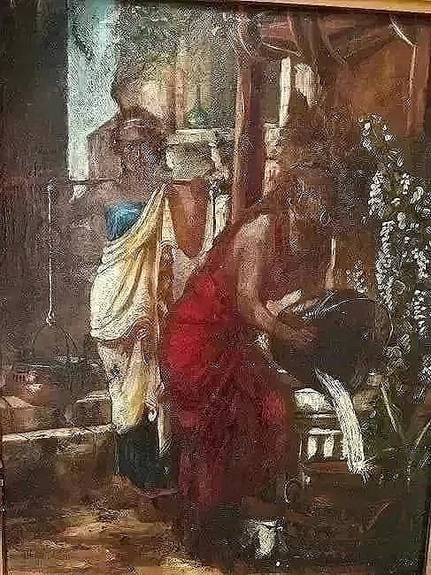 Diana Coomans (Belgian,1861-1952) Oil on board painting: Diana Coomans (Belgian,1861-1952) Oil on wood panel painting.Signed lower left. A beautiful detailed subject of maidens by a water well in Lion.Sight size: 8" 1/2 by 10" 3/4.Frame measurements : 15"