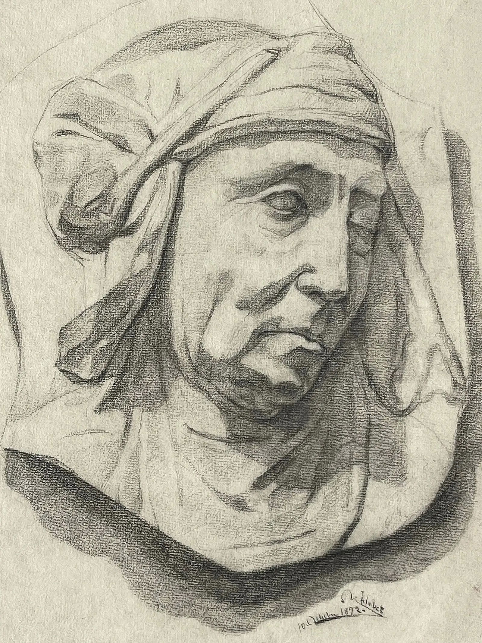 Antique 19th Century European academic Charcoal drawing: Antique 19th Century European Academic Charcoal Drawing. A skillfully executed charcoal on paper signed & dated 1892. A rare unique European work on paper measuring about 12 3/4 inches wide by 19 3/4