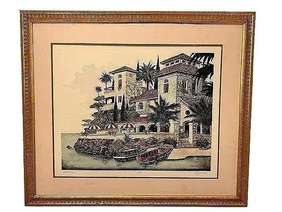 A DAN MITRA large Etching pencil signed , titled & numbered: A DAN MITRA large Etching. A limited edition color etching on wove cream paper pencil signed lower right , titled Costa Marmifera & numbered 16 of 750.Frame measures 35 inches wide by 41 inches long,