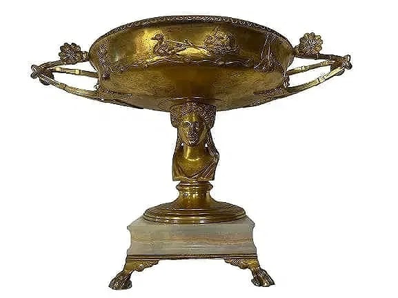 Antique French gilt bronze Tazza bowl by Barbedienne foundry: Antique French Tazza gilt bronze bowl stamped by Barbedienne foundry. A beautiful gilt bronze empire style fruit cup resting on a marble base with four legs and is a Barbedienne Cup, also known as a t