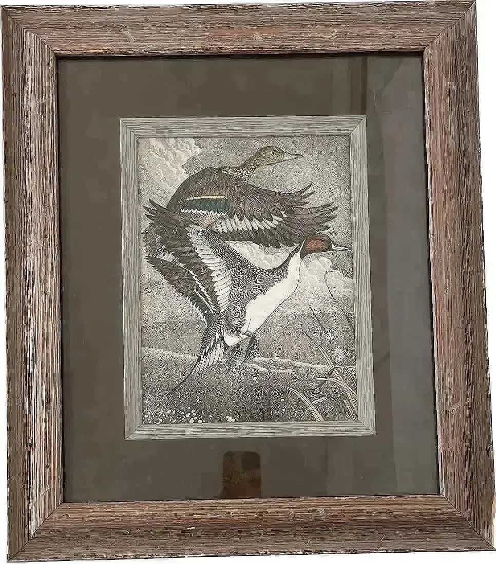 John Akers (1944-2006) Flying Mallard Ducks Etching: John Akers (1944-2006) Flying Mallard Ducks.colored Etching .Signed lower right corner, Akers. Wood frame with glass cover. Frame Size 22.25 in L x 19 in W. Sight dimensions 11.5 in L x 8.5 in