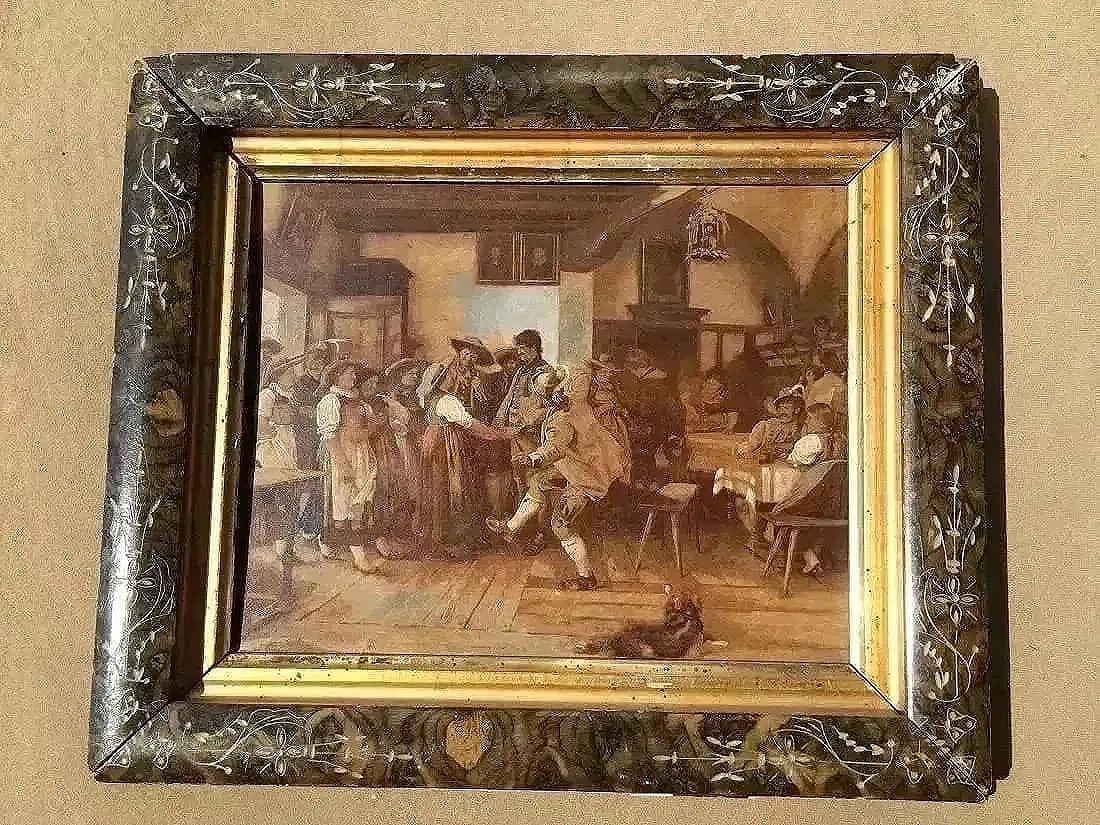 After Franz von Defregger Oil on board painting: After Franz von Defregger (Austrian 1835-1921) oil on board painting.Not signed. Sight measures 8 3/8 by 10 1/4 frame size 13 1/2 by 11 1/2 This work was tilted (auf dem tanzboden) On the dance floor.