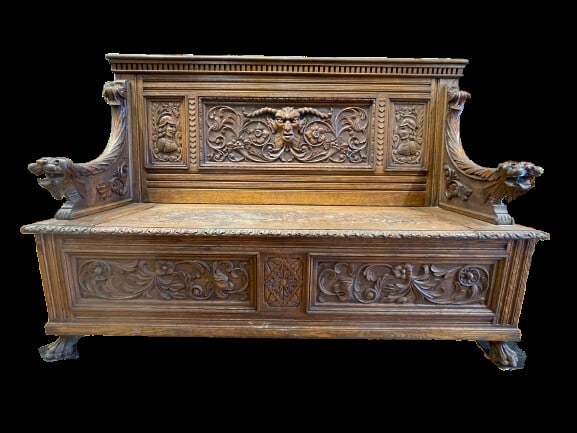 Antique European Gothic hand carved oak bench (1 of 20)