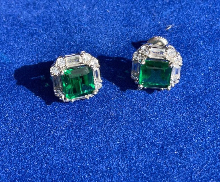 A pair of Emerald and diamond lab made earrings (1 of 14)