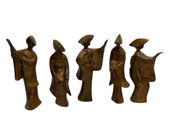 Set of Five Japanese Geisha bronze Awa Odori Dancers: Set of Five Japanese Geisha bronze Awa Odori Dancers Each measuring 7 inches tall. A group of mid century Japanese Geisha Awa Odori Dancers.