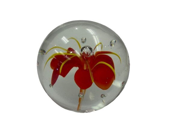 Italian Glass Paperweight: Italian Glass Paperweight with red lily flower.