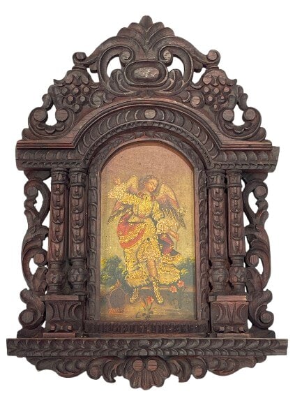 A Peruvian Retablo framed Cuzco school oil painting of an Archangel: A Peruvian Retablo framed Cuzco school alter oil painting of an Archangel. A highly detail baroque inspired attired oil and gold leaf painting housed in a meticulously carved wood frame. Frame