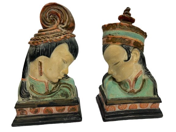 Pair of large Asian plaster decorative statue & bookends: Pair of large Asian plaster decorative statue & bookends. A male & female head bust statues measuring 14 inches tall , 8 inches wide, and 5 1/2 inches deep. A unique pair of Asian decorative plaster