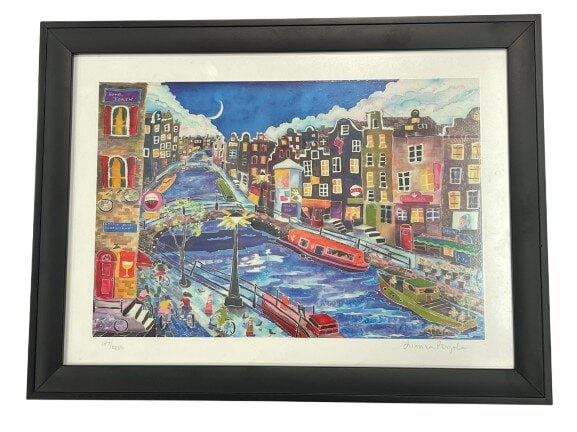 A Linnea Pergola limited edition serigraph Titled Amsterdam Nights: A Linnea Pergola limited edition serigraph Titled Amsterdam Nights. Pencil signed lower right and numbered 187 of 2250. A rich colorful impression housed in glass covered frame.The Frame measures 11