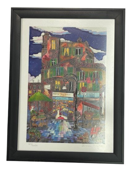 A Linnea Pergola limited edition serigraph titled Campo di Fiori: A Linnea Pergola limited edition serigraph Titled Campo di Fiori. Pencil signed lower right and numbered 187 of 2250. A rich colorful impression depicting a vibarent street scene in Italy housed in