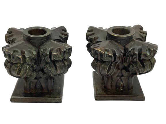 A pair of Tiffany Studios bronze candle holders inventory # 837: A pair of Tiffany Studios bronze candle holders inventory # 837. A heavy and unusual pair of solid bronze candle holders each stamped on the bottom TIFFANY STUDIOS 837 standing 3 1/2 inches tall. A be