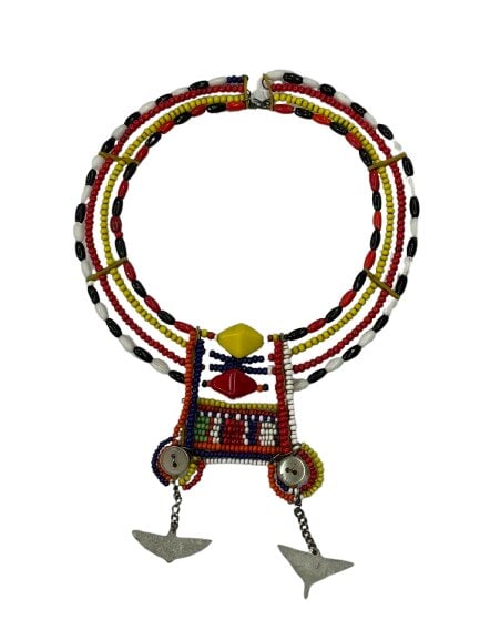 African Maasai wedding collar necklace with beads metal: African Maasai wedding collar necklace with beads metal measuring about 6 inches in diameter and 8 inches long. A unique decorative wall hanging and wearable custom jewelry from Africa.