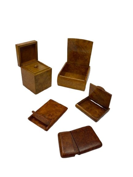Collection Five Burl trinket & card boxes: Collection Five Burl trinket & card boxes with various sizes and designs. A unique collection of 5 Burl wooden boxes.