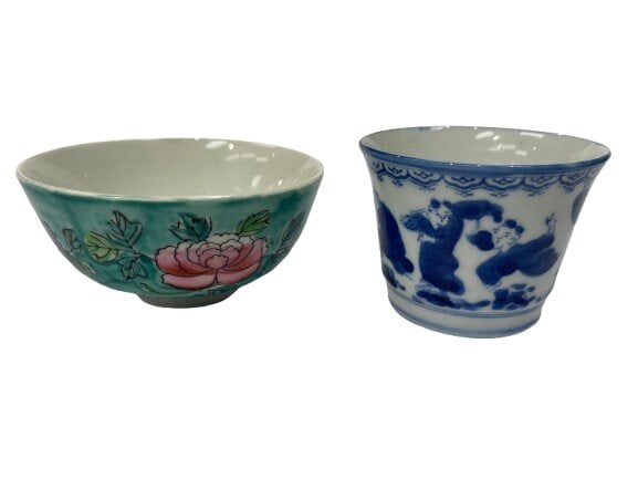 Two Asian porcelain decorative bowls: Two Asian porcelain decorative bowls. Each bowl has a different hand painted figures & flowers, Perhaps Chinese or Japanese bowls.