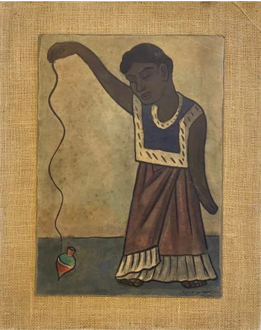 Diego Rivera lithograph art work: Diego Rivera (Mexican 1886 - 1957) Lithograph laid on board. Subject: painting of a woman spinning a yarn spool.Signed & dated : 1936 Diego Rivera lower right. A Mixed media work on paper attached to