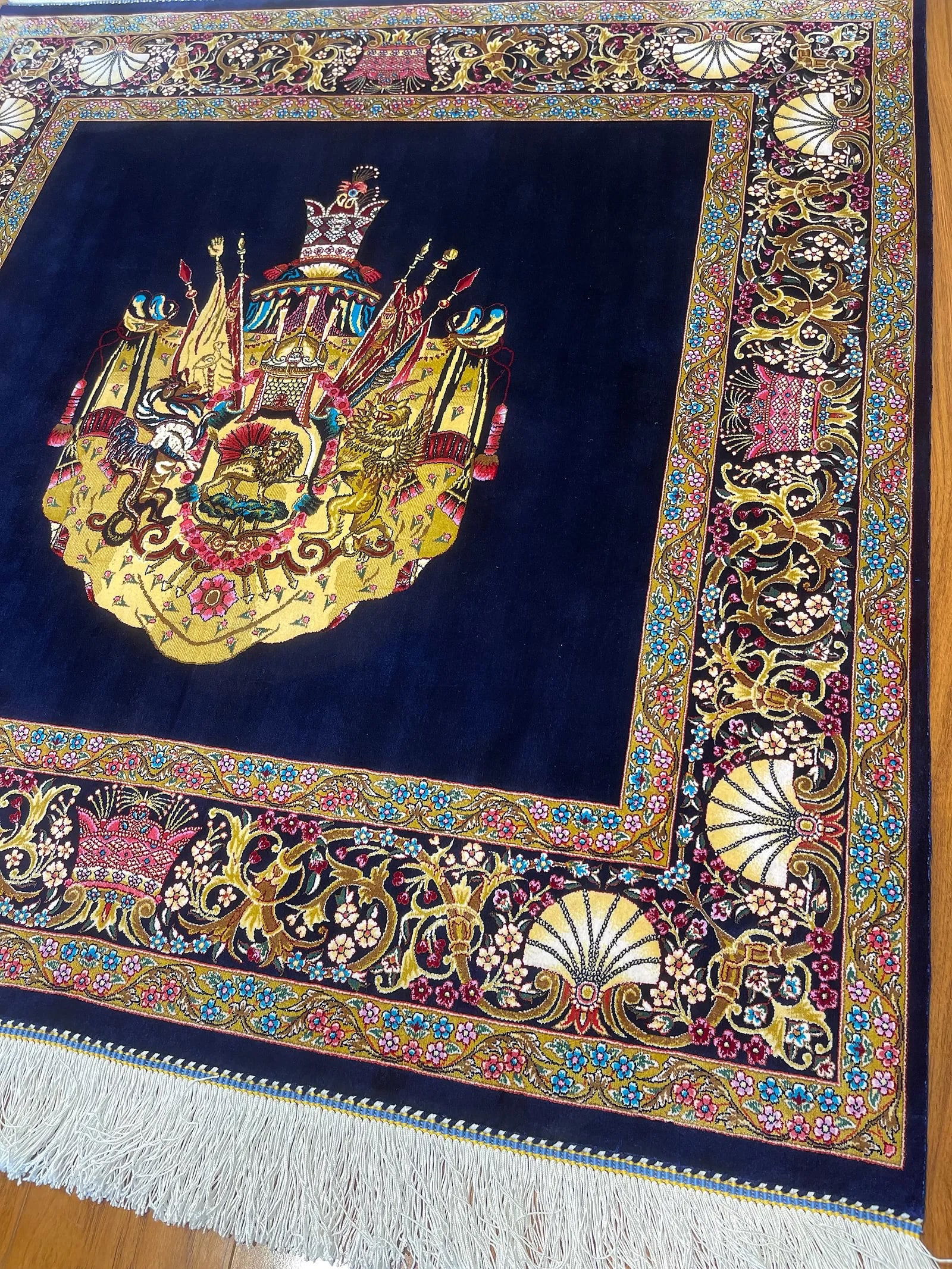 A small square silk rug - 5