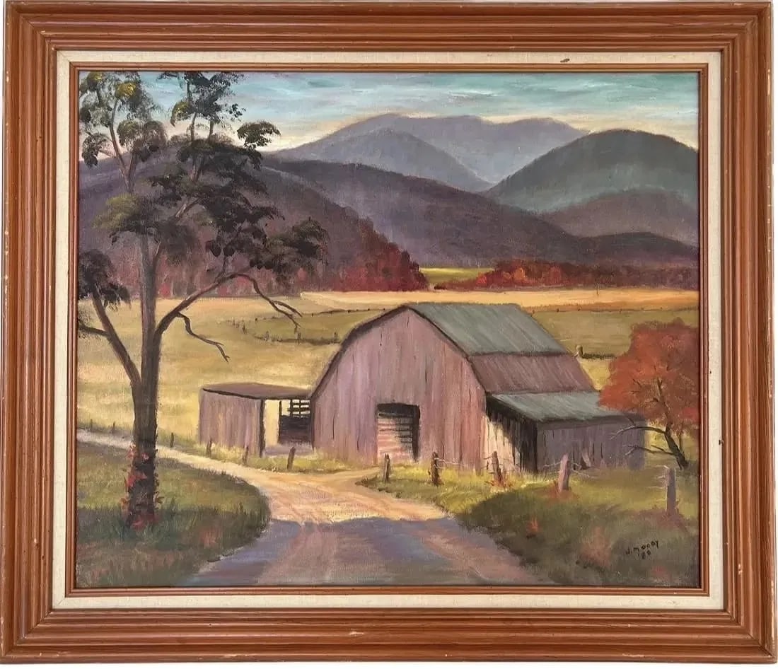 John Moody (1906-1993) Oil on canvas painting: John Moody (1906-1993) Oil on canvas painting. A Farm scene painting signed & dated J Moody 88 on the lower right corner.Wood frame, Frame size 29 in L x 25 in W. Sight size 19.5 in L x 24 in W.