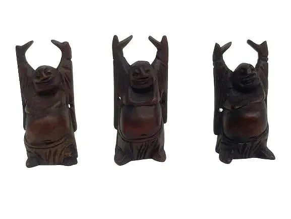 Old Chinese Wood Carved Happy Laughing Buddha Statues: Small Old Chinese Wood Carved Happy Laughing Buddha Statues. possibly wearable Buddha statues with thread holes in arms.