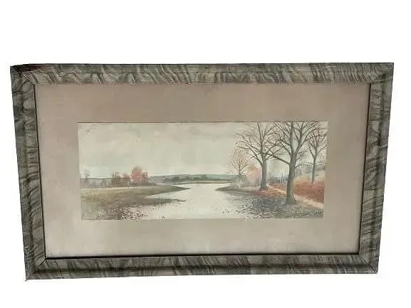 Antique Watercolor painting: Antique Watercolor painting Illegibly signed lowered right. Sight measures 5 inches wide by 12 inches long. Frame measures 10 1/2 inches wide by 17 1/2 inches long. A charming landscape watercolor.