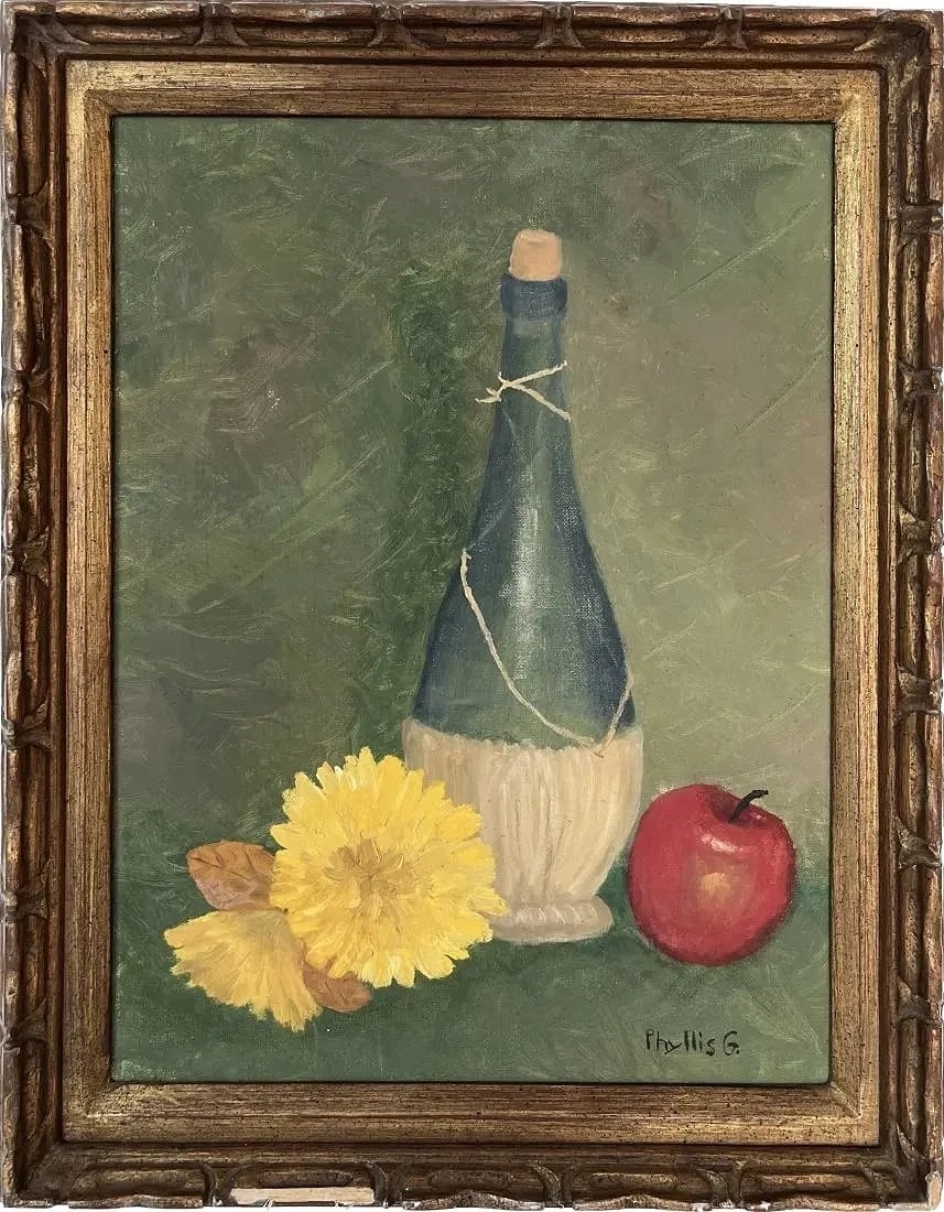 Phyllis G Still Oil on canvas still life Painting: Phyllis G Still Oil on canvas still life Painting.Artist signature bottom right Phyllis G. Writing on back of canvas reads Phyllis Goldstein? Frame size: 19 in L x 14.5 W. Sight size 15.5 in L x 11.5