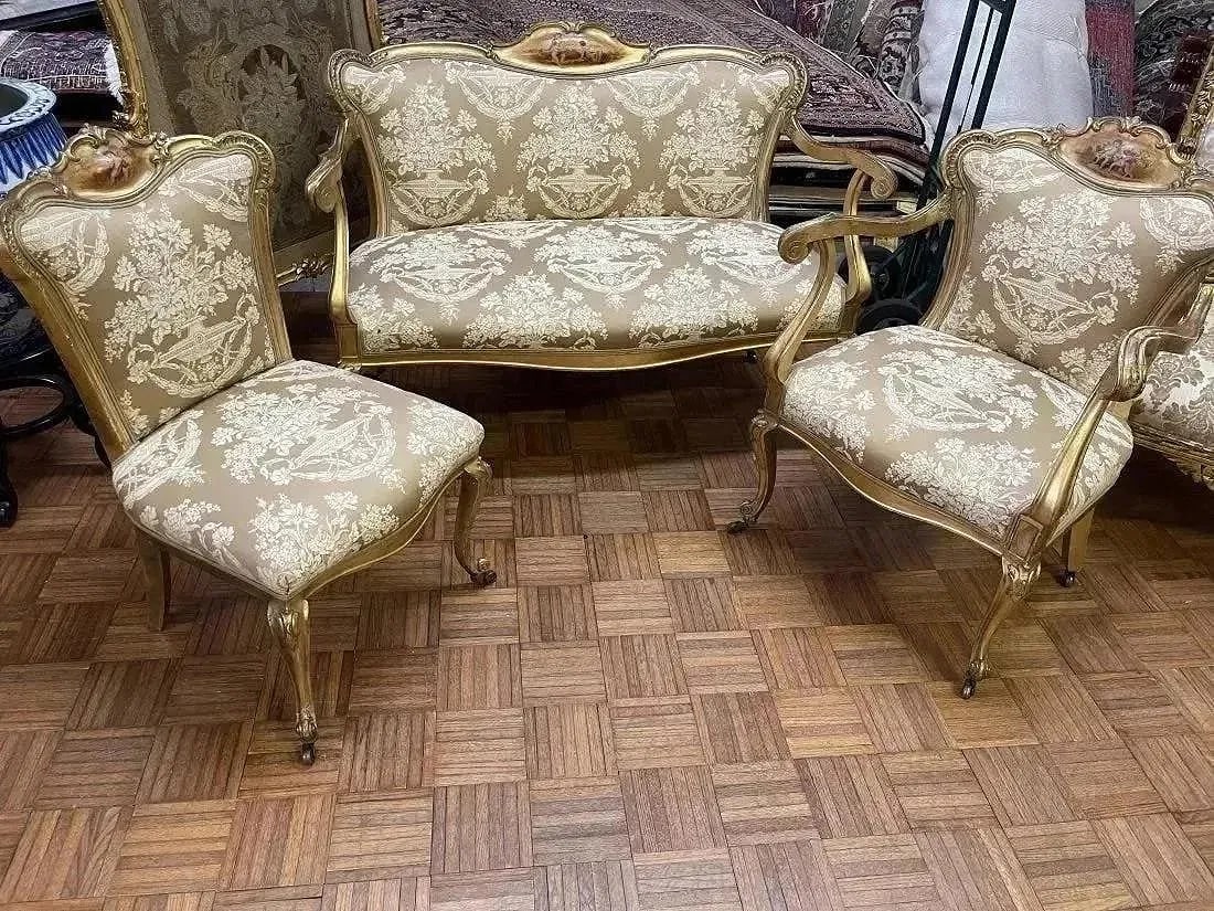 Important Antique French Louis XVI Sofa & chairs: Important Antique French Louis XVI Sofa Settee , Arm chair & chair. Hand painted cherubs , hand carved carved and gilded. All from the same set