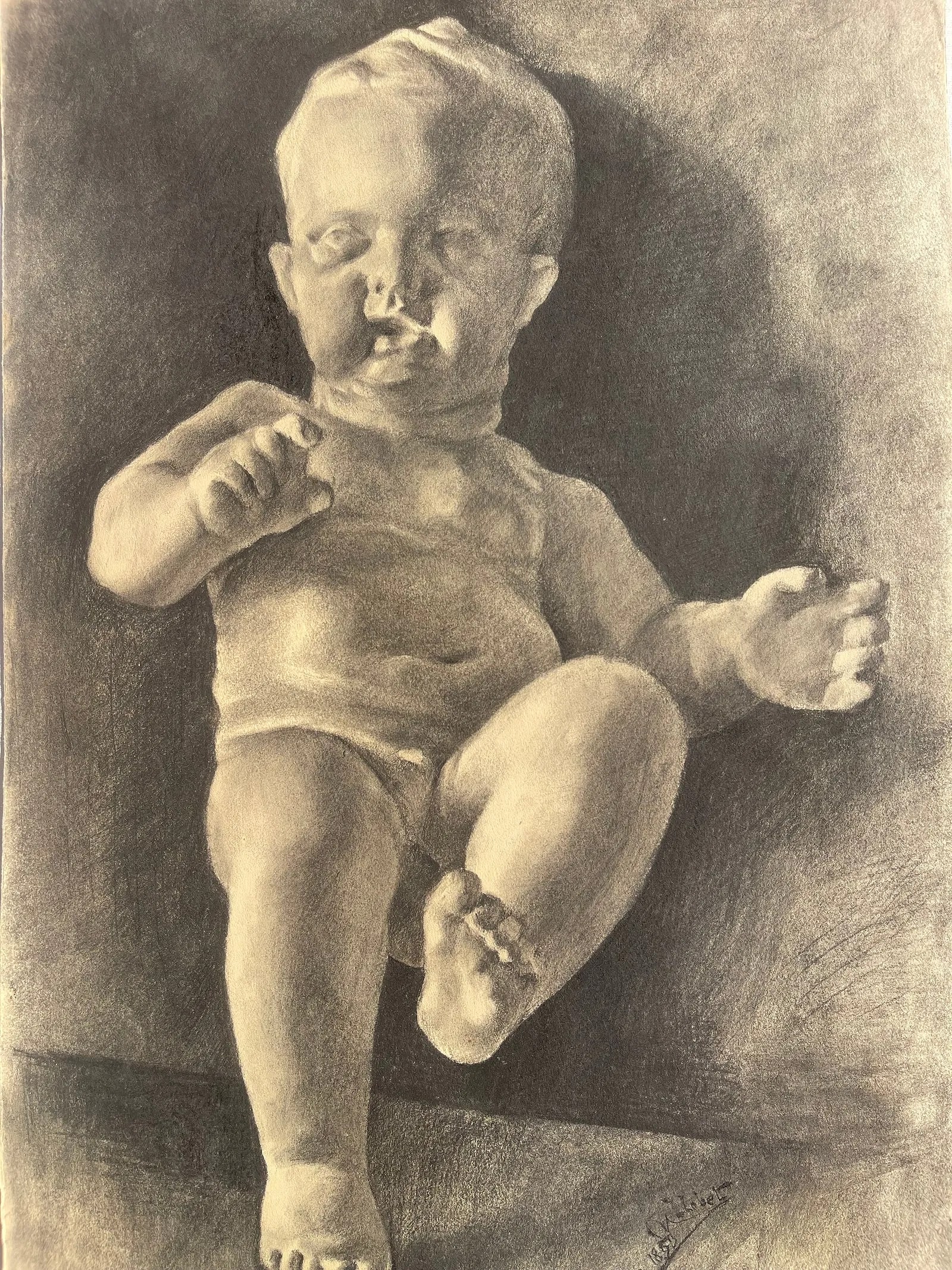 Antique 19th Century European academic charcoal drawing: Antique 19th Century European Academic charcoal Drawing. A skillfully executed charcoal on paper signed & dated 1853. A rare unique European work on paper measuring about 13 1/8 inches wide by 19 inch