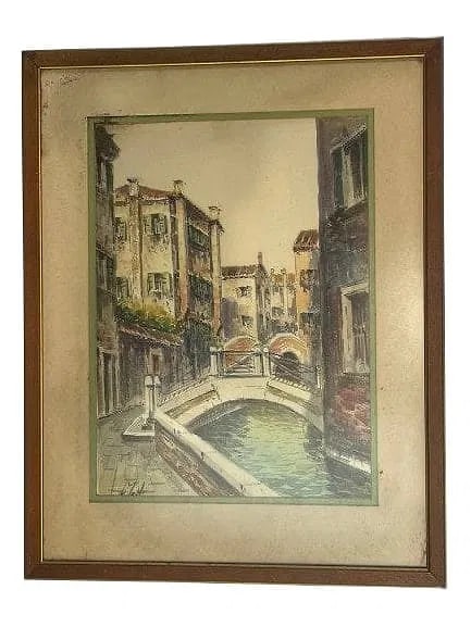 Old European Watercolor painting of Venice Italy illegibly signed lower left: Old European Watercolor painting of Venice Italy illegibly signed lower left. Glass covered Frame measures 16 1/2 inches wide by 21 inches long. The sight measuring 10 1/2 inches wide by 14 1/2 inches