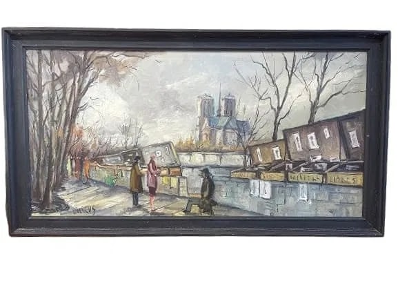 A large French art market scene Oil on canvas painting signed MARCUS: A large French art market scene Oil on canvas painting signed MARCUS lower left. A unique scene showing art sellers and on lookers with the visible Noter Dame church in the center back ground.Frame me