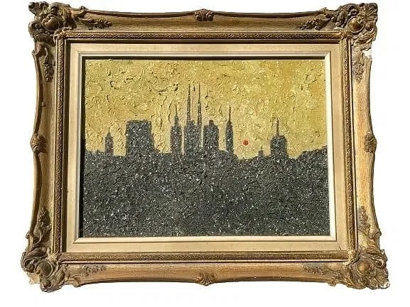 Larry Davis Oil on board impressionist painting: Larry Davis Oil on board impressionist painting of a city sky line. A unique thick impasto brush stroked mid century oil painting on board. The board measures 12 inches wide by 16 inches long. The fra