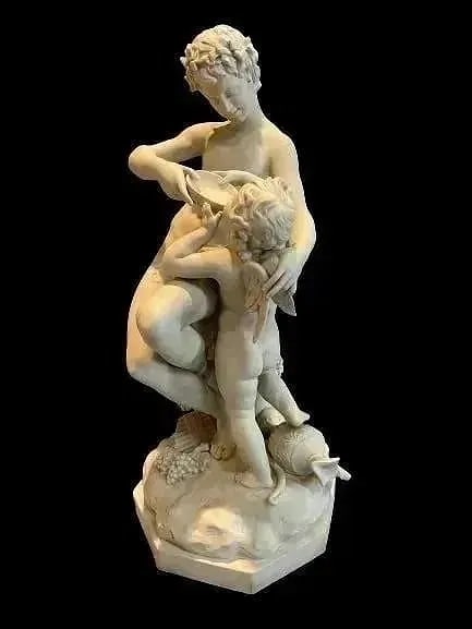 A fine European bisque porcelain statue: A fine bisque porcelain ,subject of a young man giving water to a Cherub. Unknown artist, stamped 1284 in the back with a matte appearance and texture to the touch. 19 inches tall.