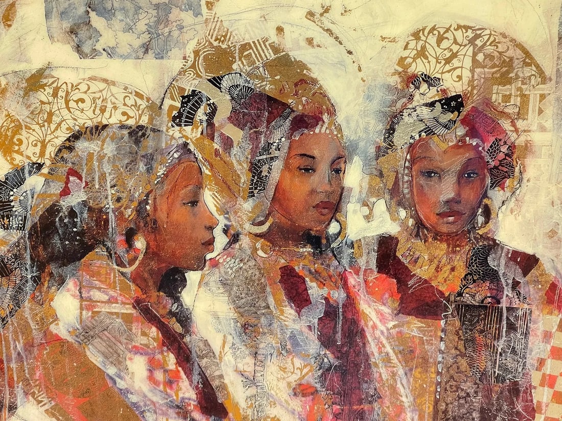 Marta Gottfried Wiley framed Serigraph of : Sisters of the East: A large serigraph titled "Sisters of the East" by Mexican artist Marta Gottfried Wiley. Gold leafed frame measuring 40 inches by 40 inches and the sight measuring 28 by 28 inches square.