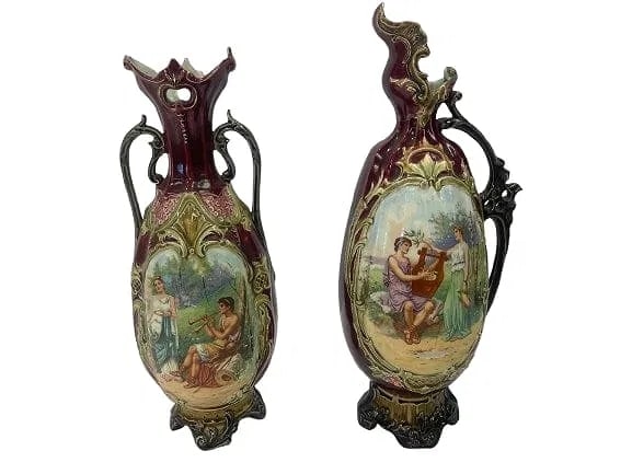 Set of two European porcelain hand painted urn & vase: Set of two European porcelain hand painted urn & vase standing about 17 inches tall. Read the condition report below before placing your valued bidding.
