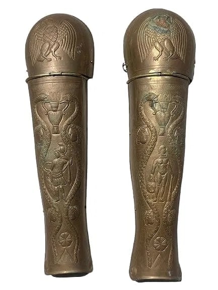 Old European Knights Greaves Armor Pair of Metal Knee & Shin Guards: Old European Knights Greaves Armor Pair or Old Brass Metal Knee & Shin Guards.Measuring 23 inches long each. Pair of Roman knights style brass Knee & calf shin guards. Unique pair of collectible guard